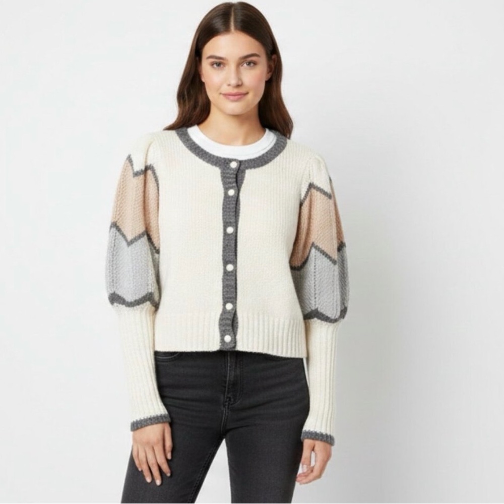 VENUS Color Block Cardigan Cream Gray Pearl Button-Up Soft Knit Sweater Large